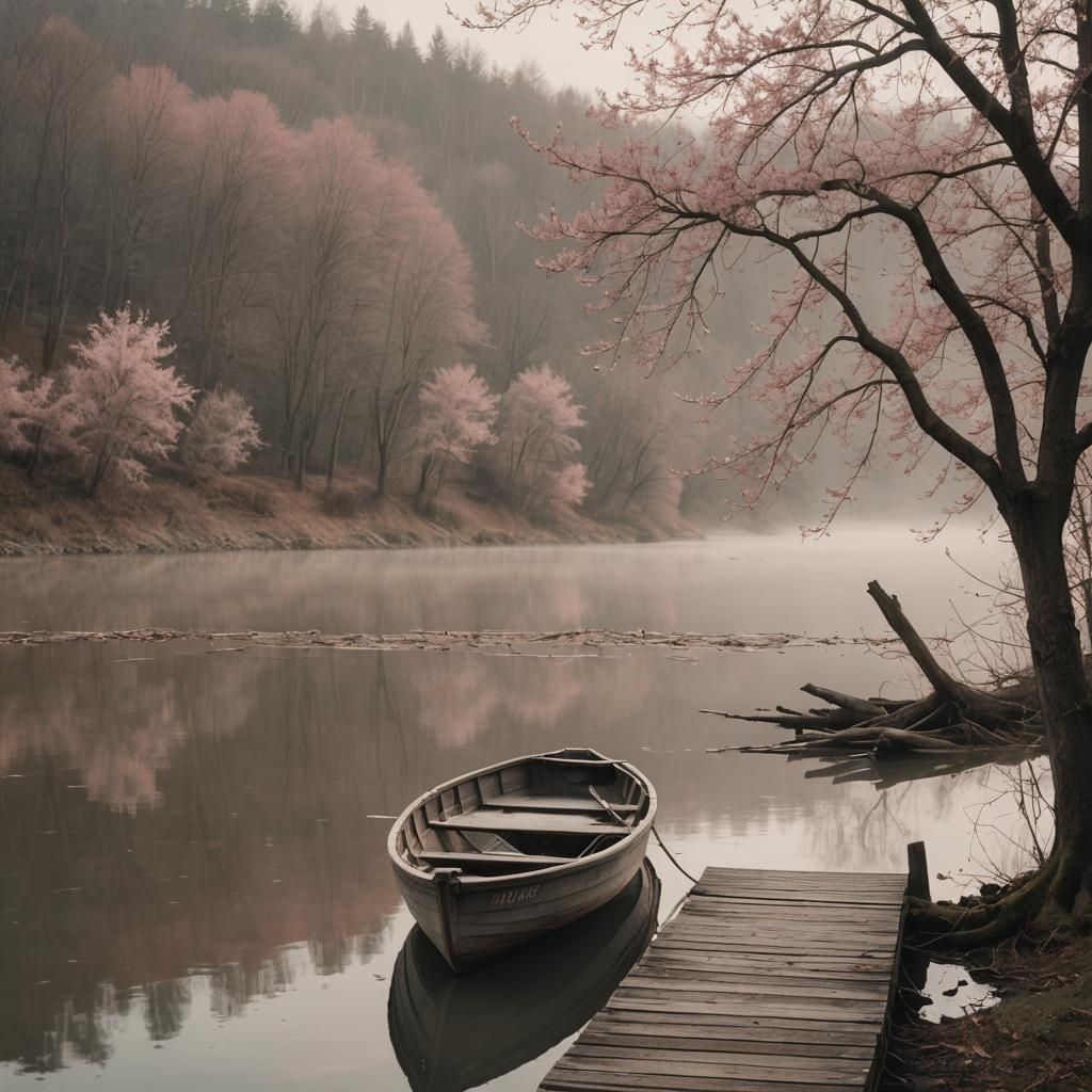 Misty River Rowboat at Dawn in Cinematic Style