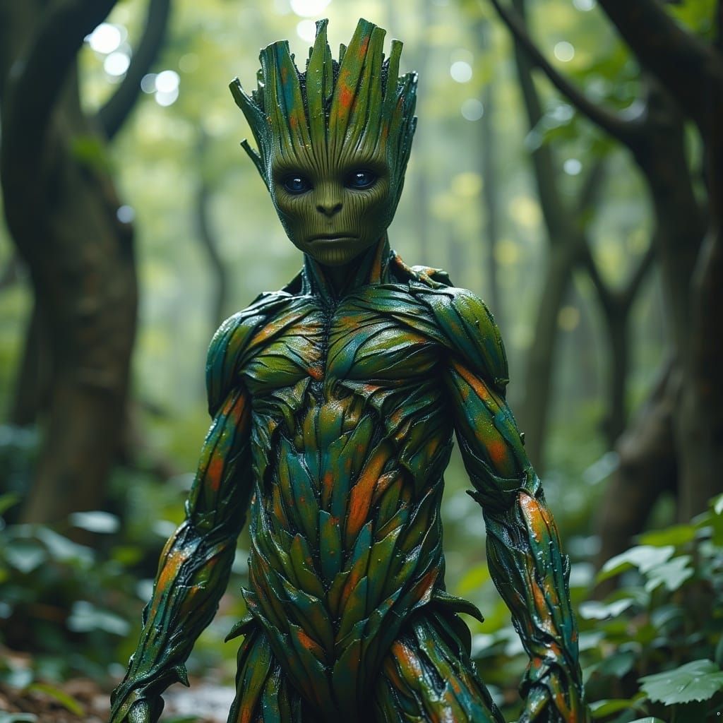<lora:MJ6 SciFi Aliens:1.0> Highly detailed, photorealistic Groot with leaves and vines for skin in an enchanted forest pose, taken from the...