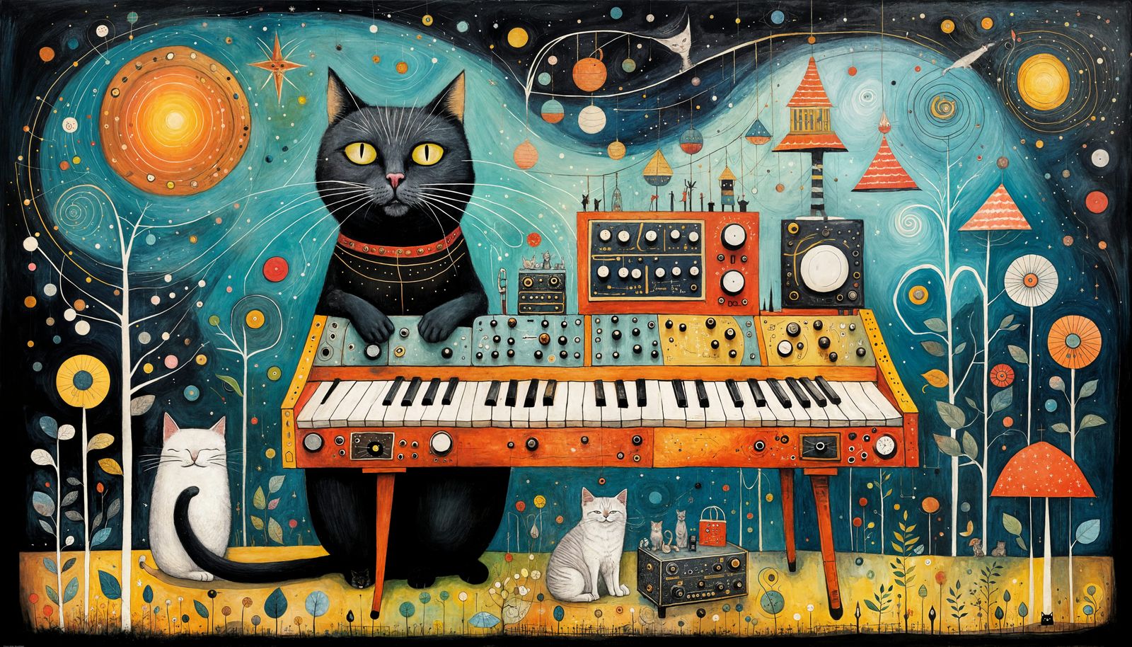 Whimsical cat plays a modular synth, magical, Anna Silivonchik, Sam Toft, Stewart Edmondson