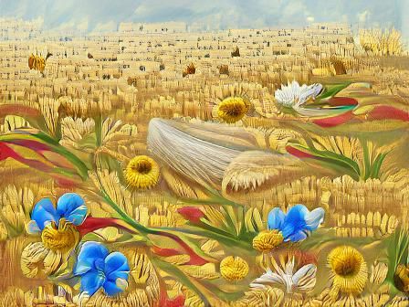 A meadow of Wheat and corn-flowers detailed painting digital...
