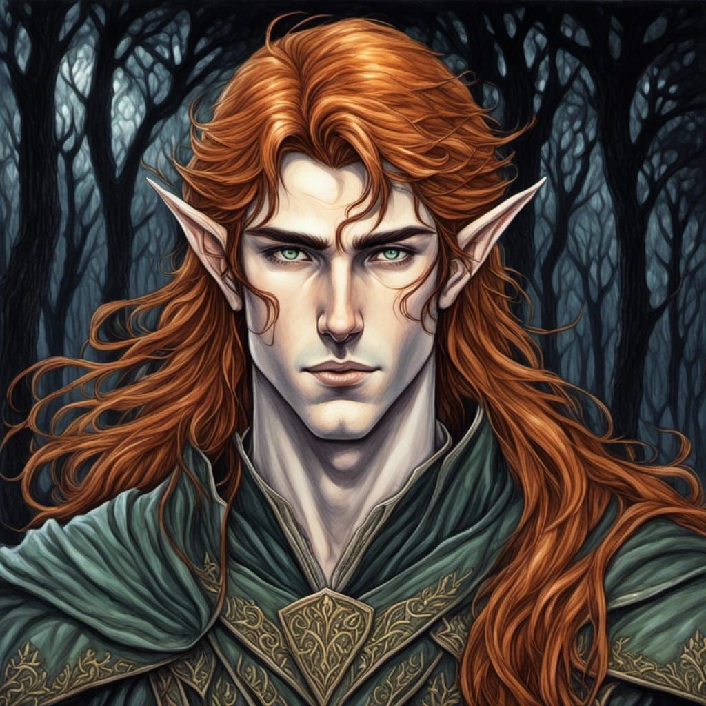 Portrait of a young elf male with long ginger flowing hair, dark sky ...