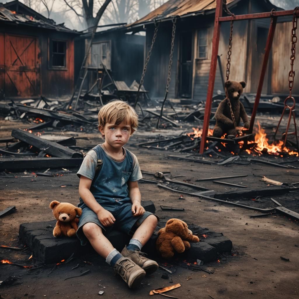 Sad Child in Burnt Yard: Dark Fantasy Concept Art