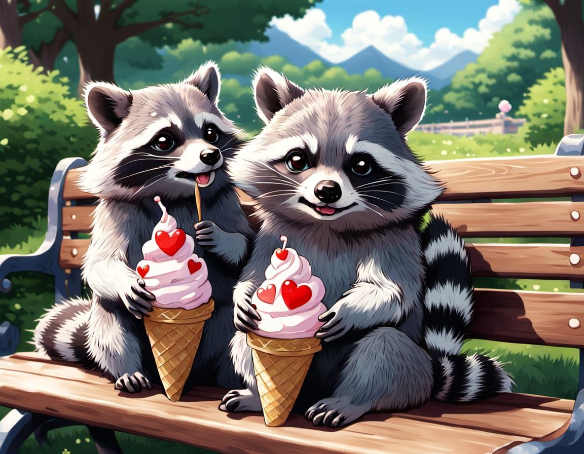 Two chubby raccoons sitting on a park bench, sharing an ice cream cone with tiny hearts floating around ...  by @CavDad 