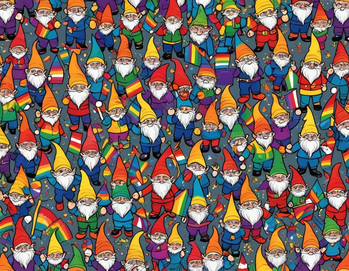 rainbow pride gnomes holding rainbow flags, dressed in rainb...