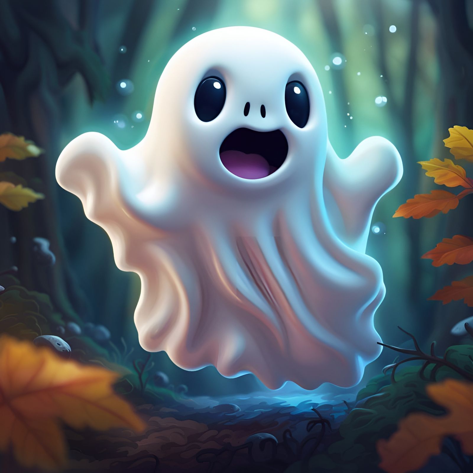 A cute adorable ghost. Floating through a forest. In the style of casper the friendly ghost. High resolution. ...  by @Irene