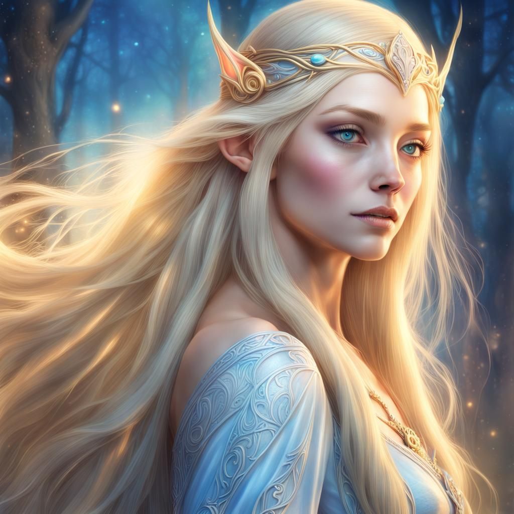 Galadriel, Elven Princess, beautiful woman, blonde silky very long hair ...