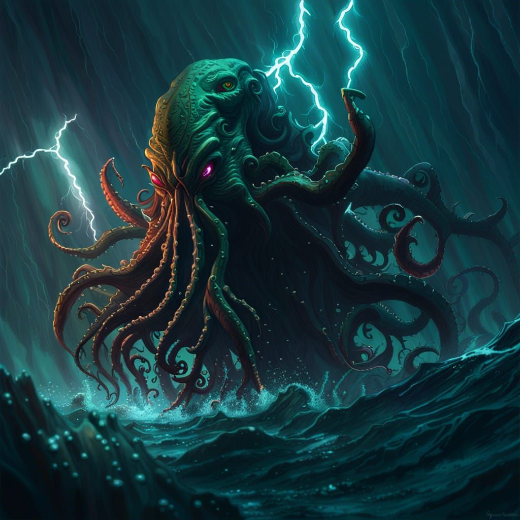 Cthulhu, underwater, lightningstorm, horror - AI Generated Artwork ...