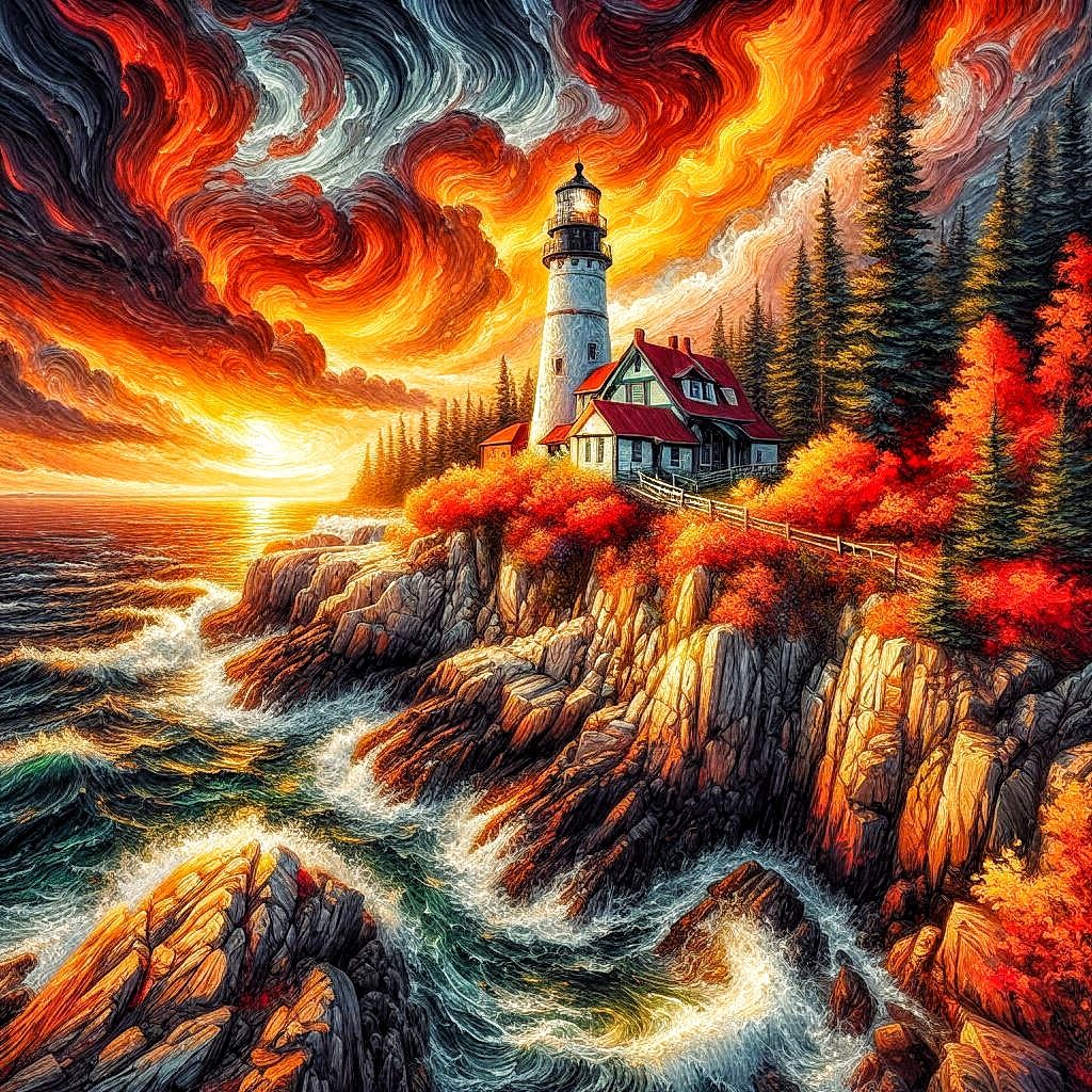 A lighthouse at fiery sunset