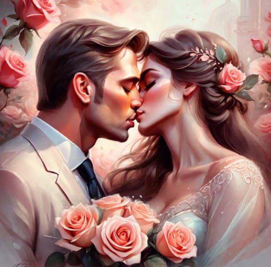 Married couple kissing with roses surrounding