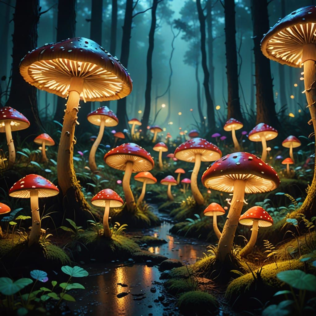 Glowing shrooms in a forest. - Fungi in Rave: Vibrant Forest...