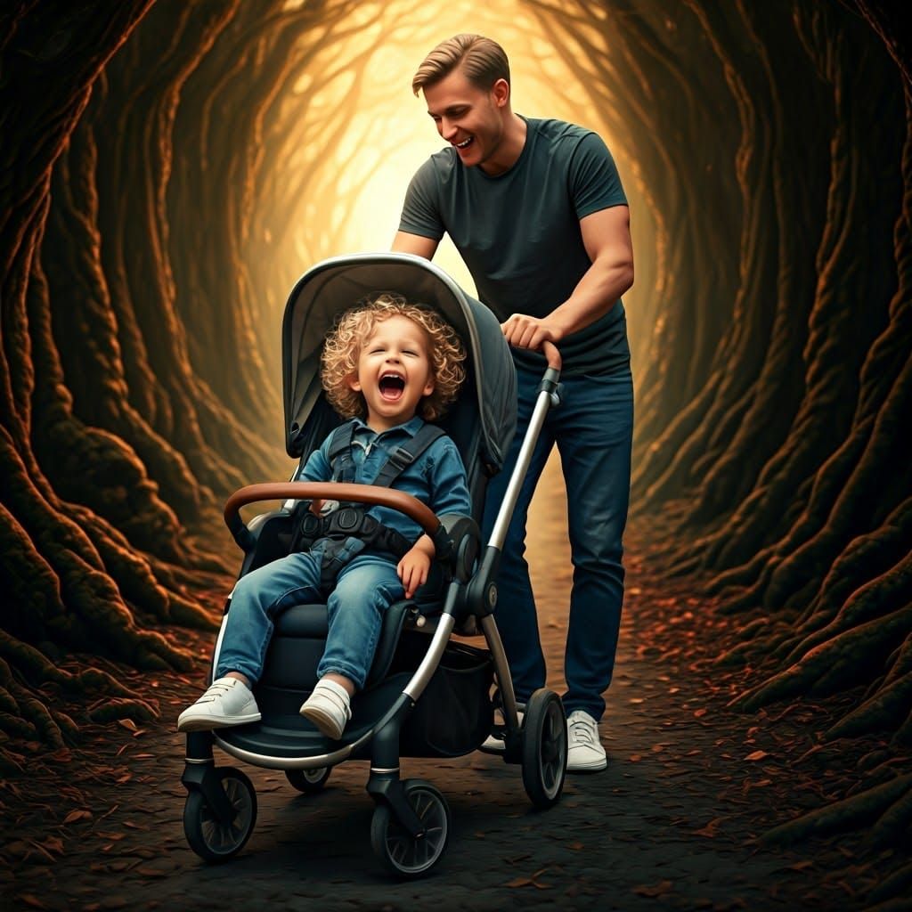 Toddler and Father in Stroller, Fantasy Art