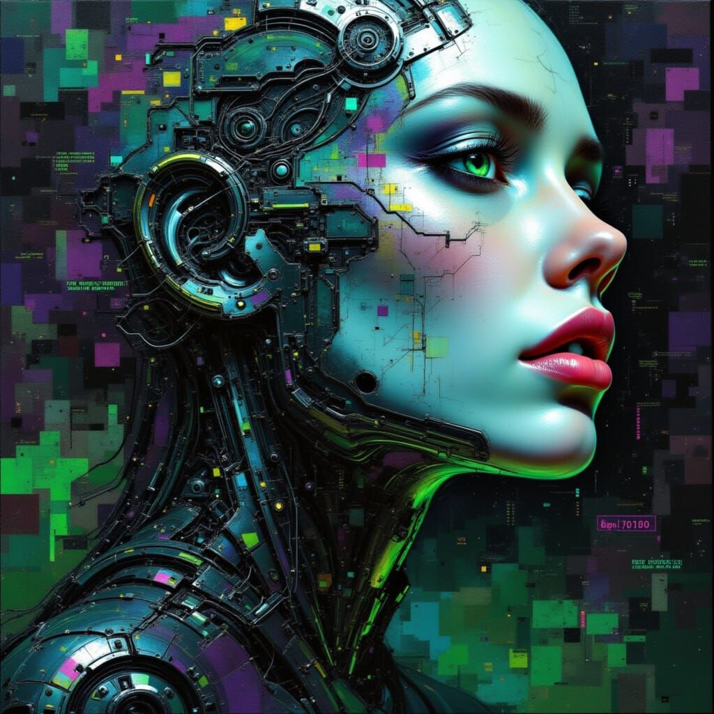 A portrait of a high-tech robot crafted to resemble a woman, her face fragmented into a mosaic of digital glitches and distorted pixels. Her...