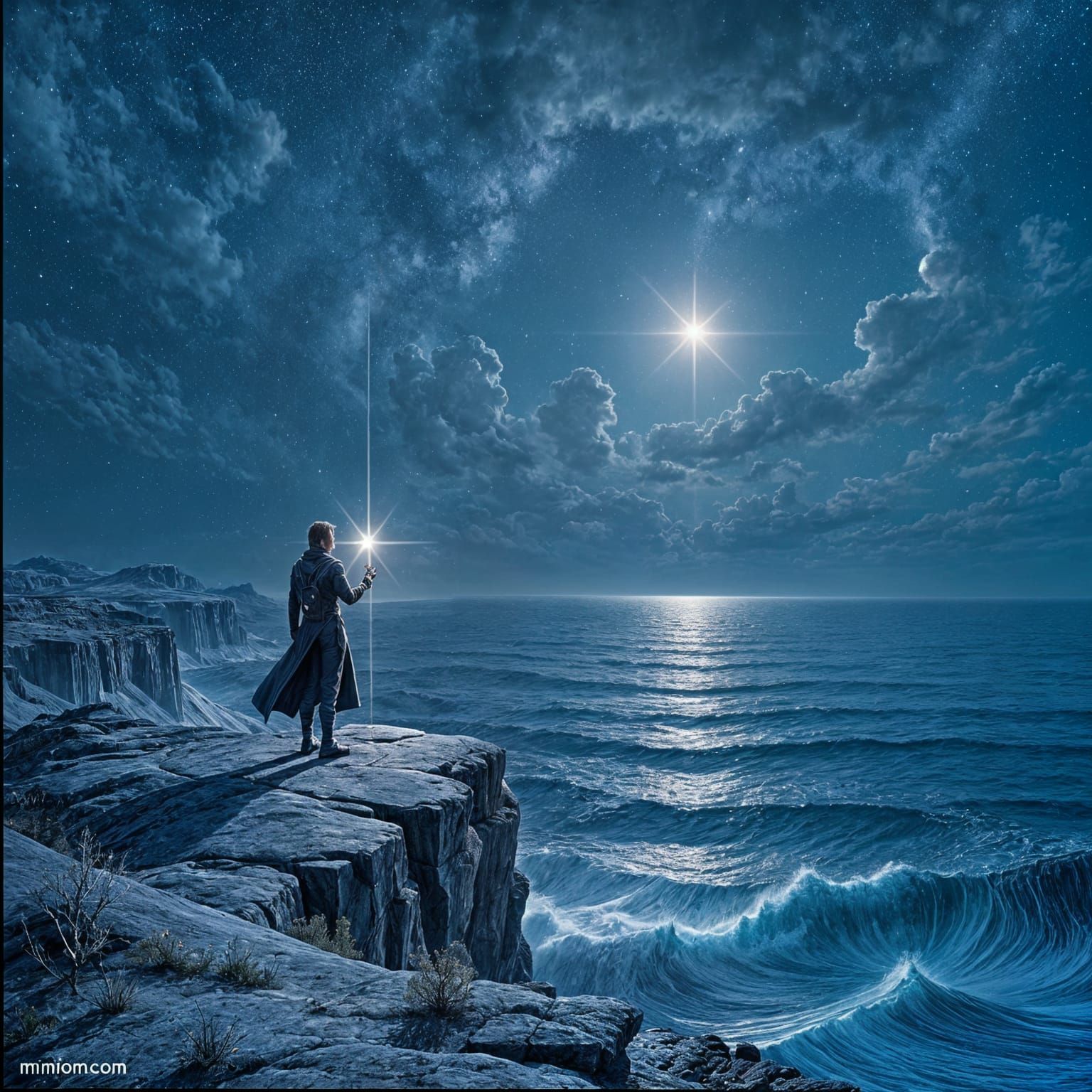 A solitary man stands on a cliff overlooking a vast, starlit ocean, holding a glowing, ethereal flute. The air is still and silent, with onl...