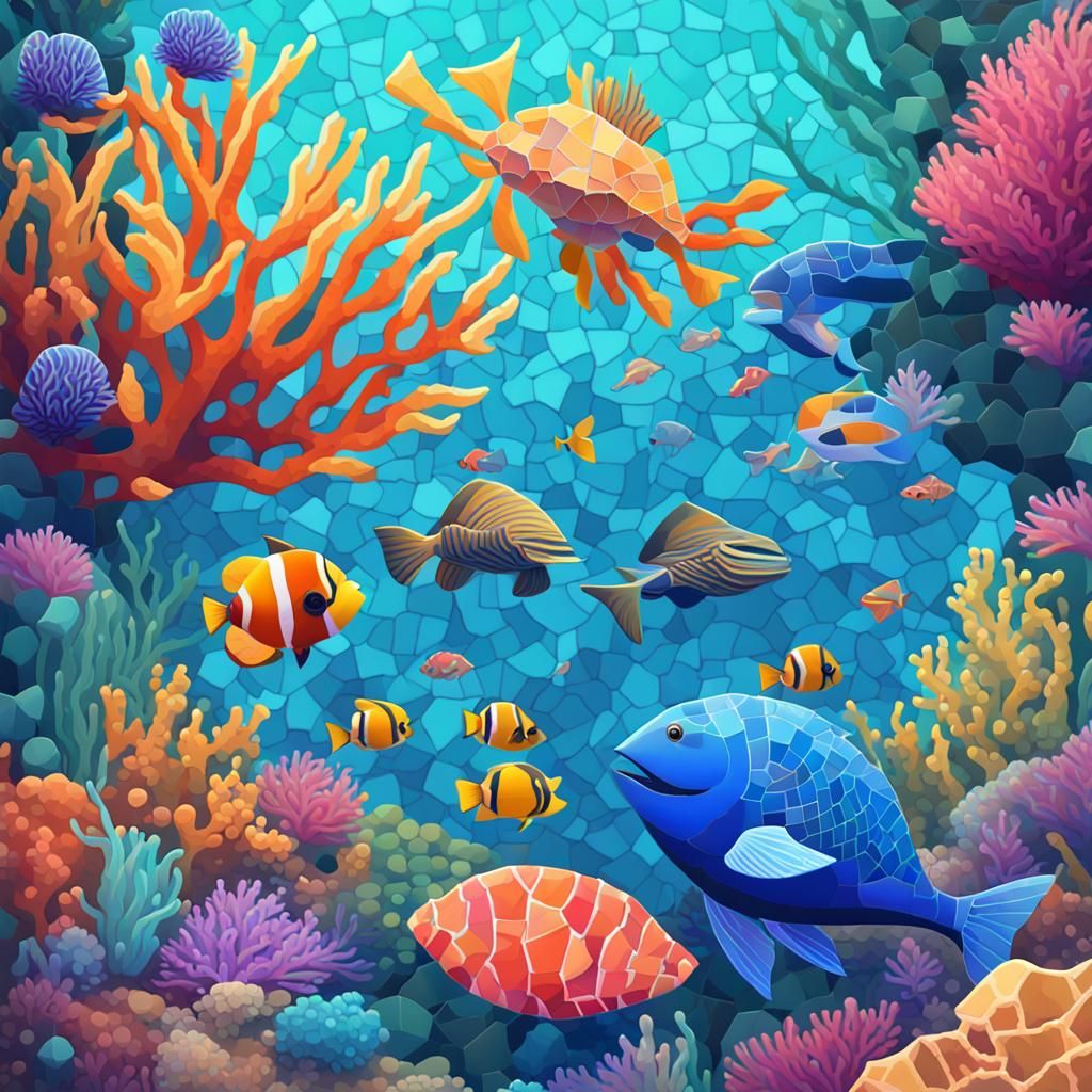 Create mosaic-inspired AI art that features vibrant marine l...