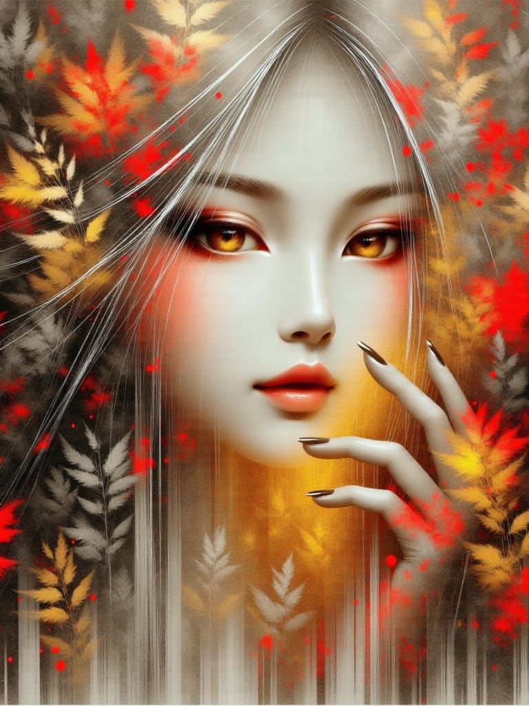 digital Cloisonné metallic, gold, red female, Her face is calm yet captivating, with soft makeup highlighting her delicate features—rosy che...