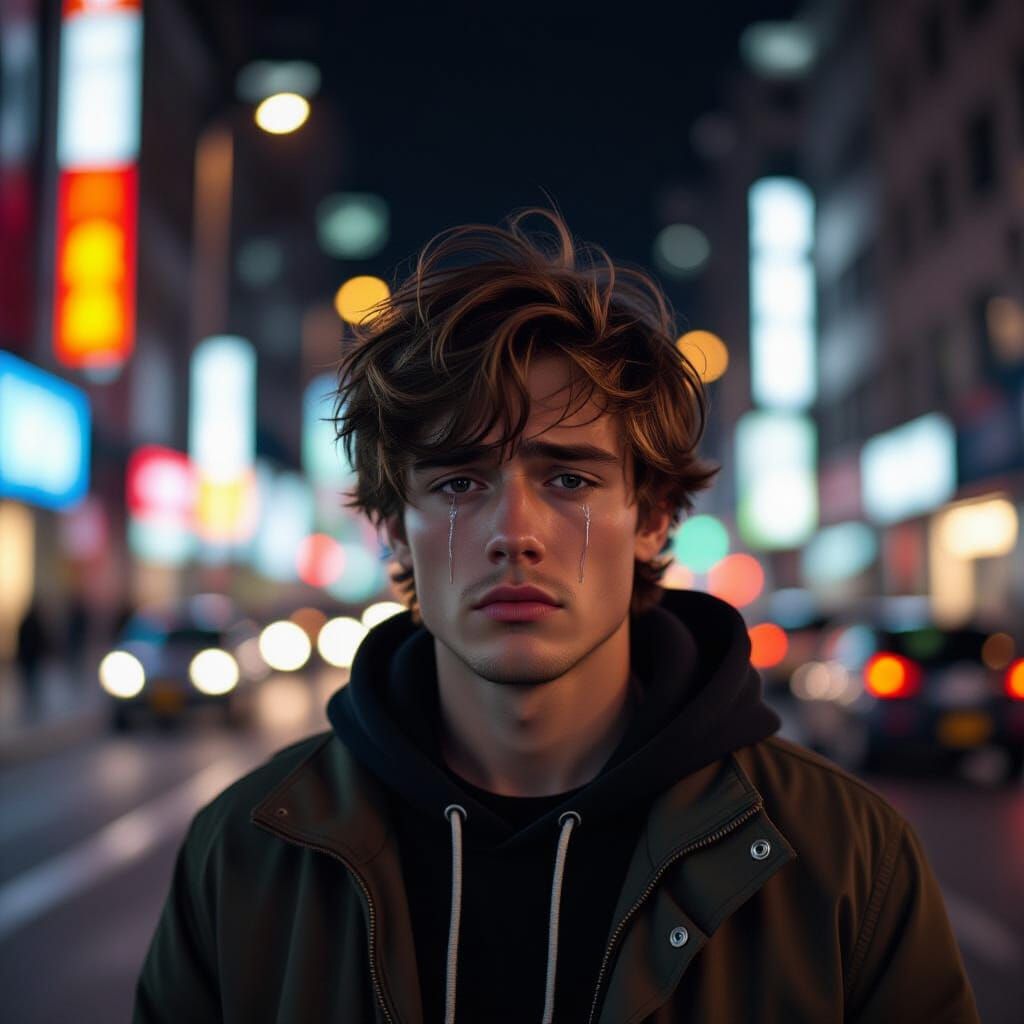 Man Weeping on Busy Street in Cinematic Style