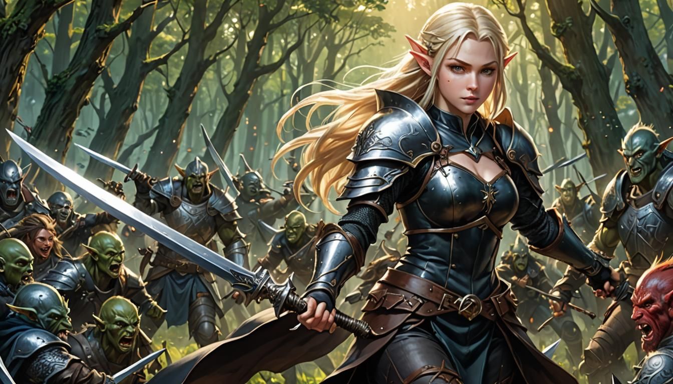 Japanese Manga style, A blonde Elf in leather armour, fighti...
