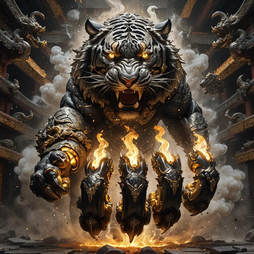 Surreal image, wide tiger, fire power in hand, iron feet, cl...