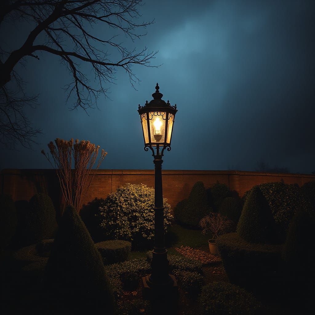 Classical painting of an ornate lamppost, standing in a walled garden, tenebrae shadows below, London fog evening, deep rich colors 