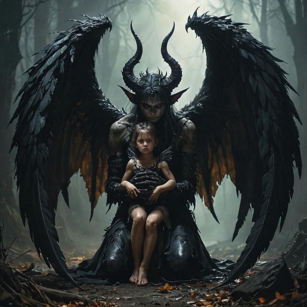 UM SER METADE ANJO E METADE DEMÔNIO COM UMA ASA DE DEMONIO AJOELHADO COM UMA CRIANÇA NO COLO. metade da imagem sombria a a outra metade ilum...