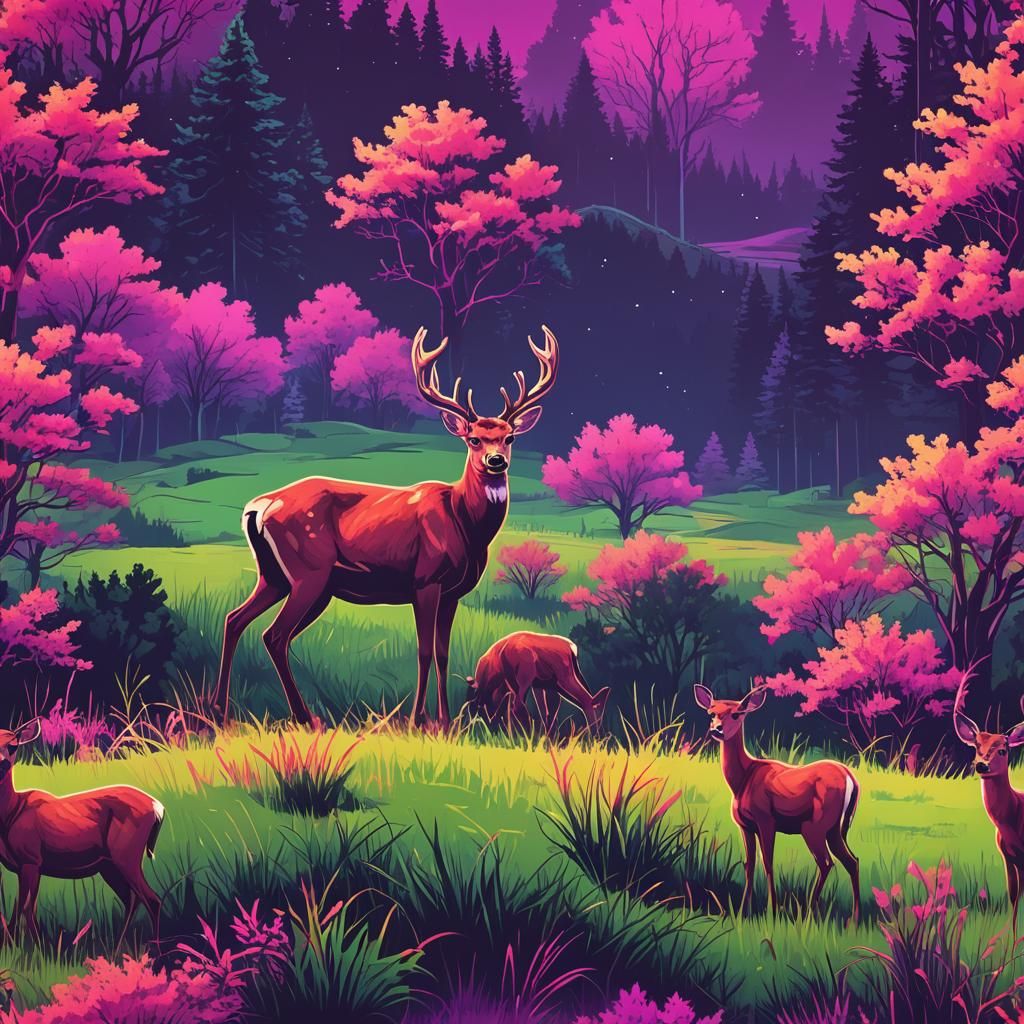 Serene meadow with grazing deer