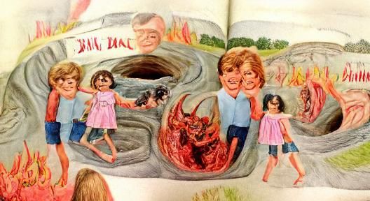 Dick and Jane book illustration but they live on a hellmouth