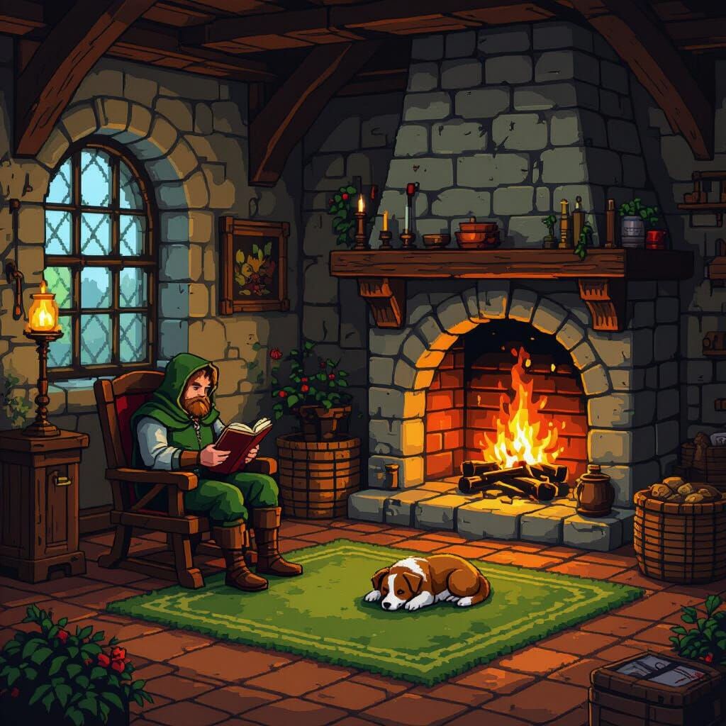 Pixel art em estilo 16-bit: um viajante cansado descansa em uma cadeira de balanço medieval lendo um livro dentro de uma casa medieval de ti...