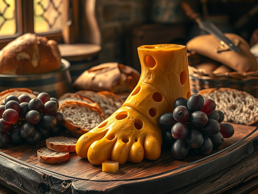 a foot made out of  cheese with holes served on a wooden board with fresh baked bread and some juicy grapes.  in a medieval cosy kitchen