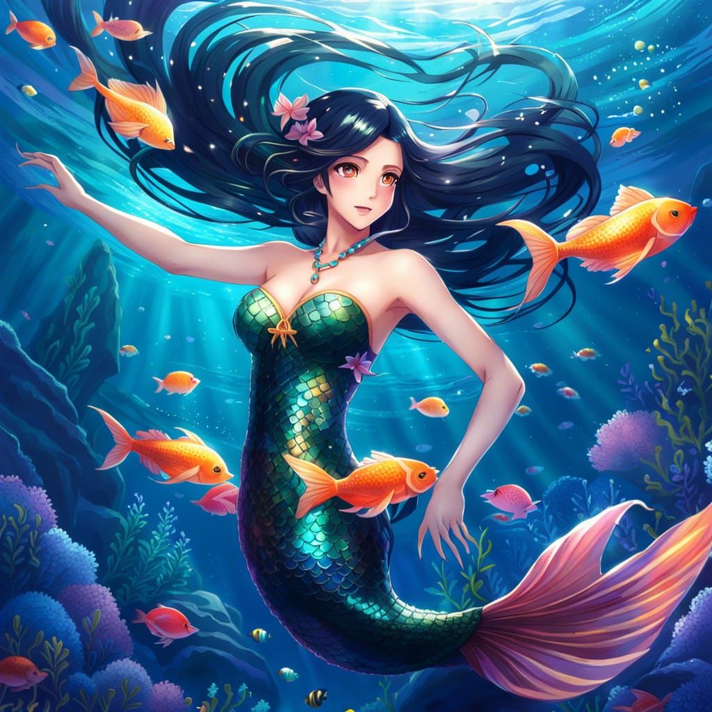Anime, Princess, Ebony Skin, Mermaid, Lake, Water, M... | OpenArt