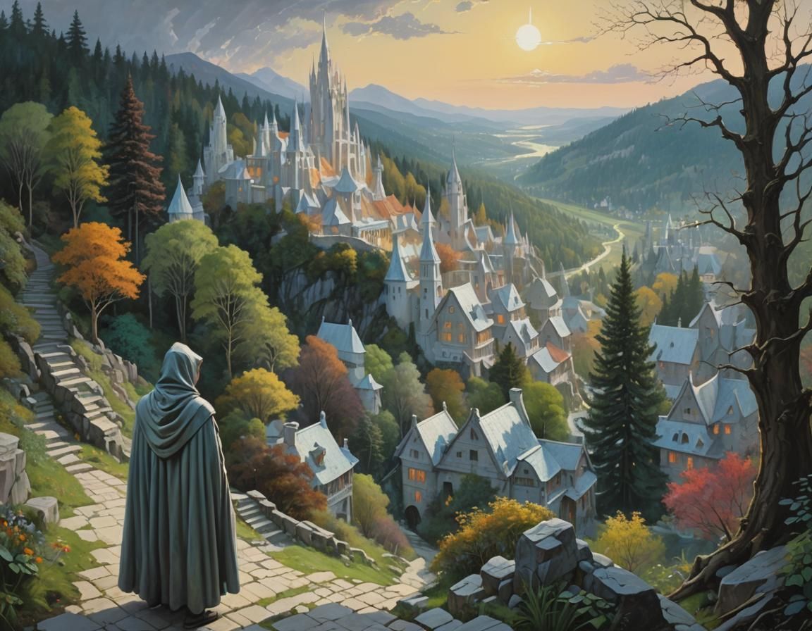Fantasy Landscape with Elven Towers, Oil Painting