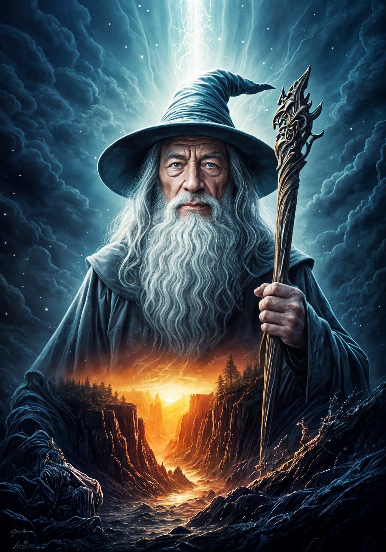 Wizard in Whimsical Dreamscapes with Starry Night Cliff Fore...