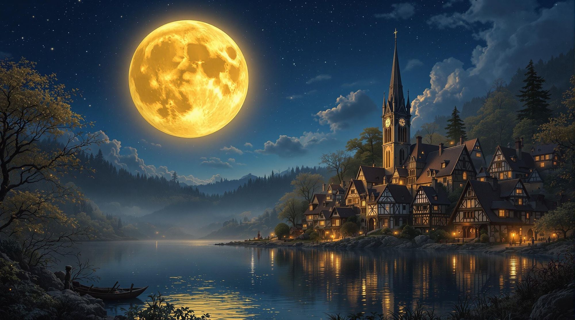 Super Moon over Lakeside Hamlet