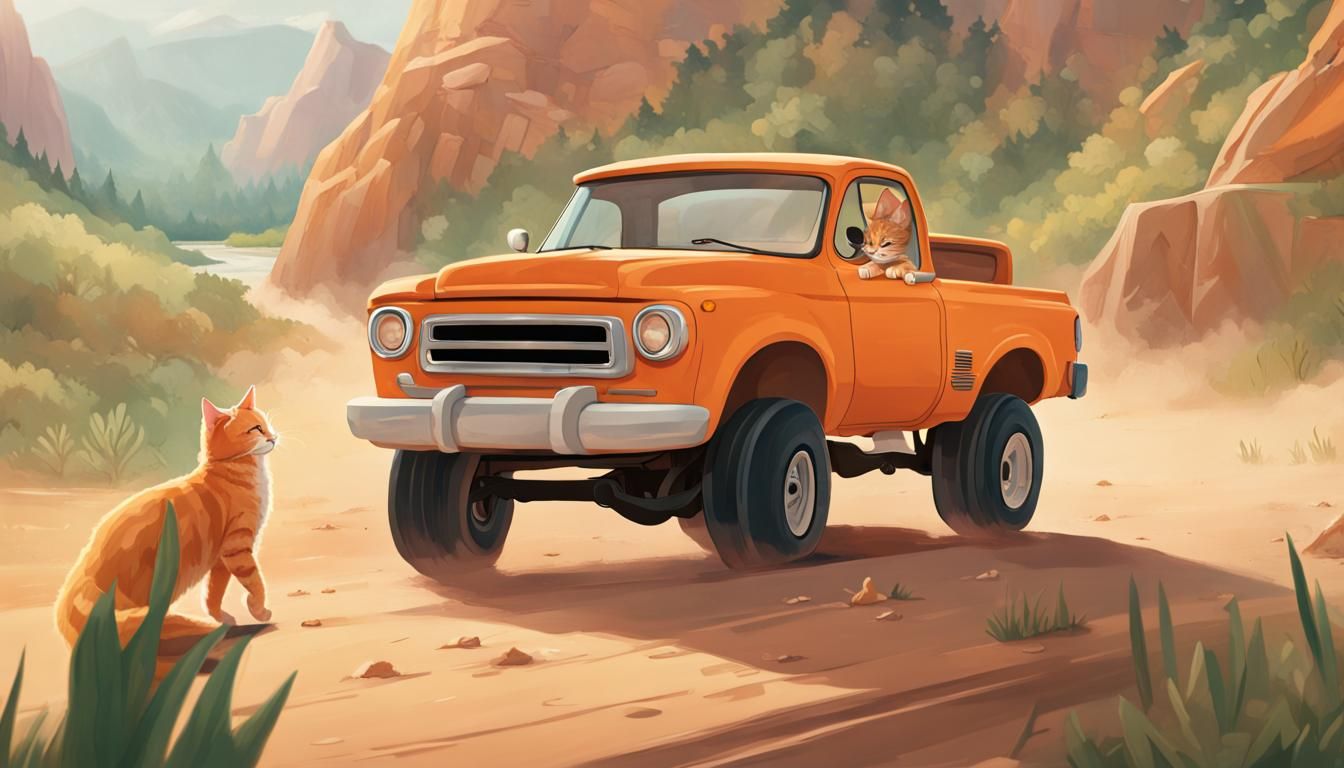 An orange tabby cat confidently maneuvers a lifted truck, pa...