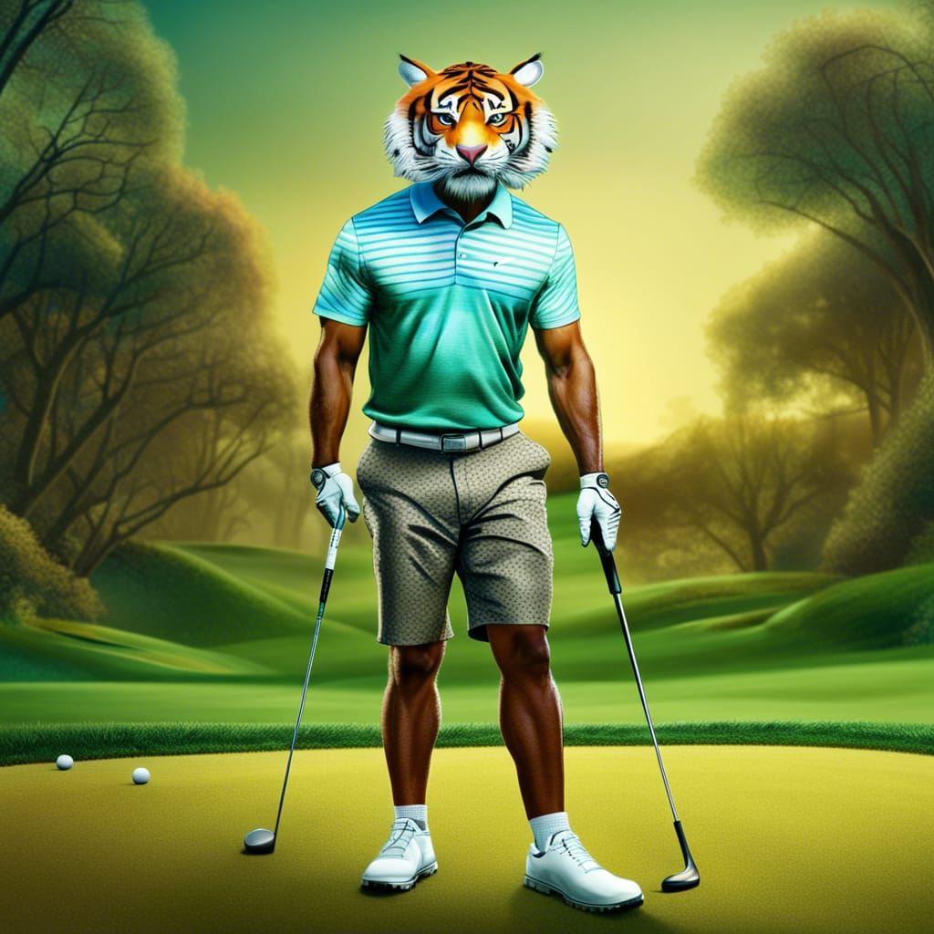 A tiger, an actual anymal, dresses as “tiger woods”, playing...