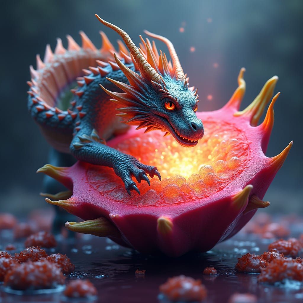 Dragon coming out of a oversized dragonfruit