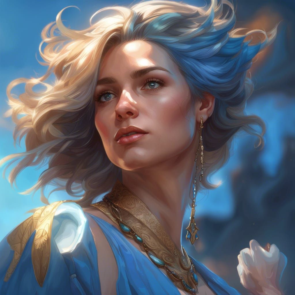 Detailed Portrait with Blue Sky, Art Nouveau Style