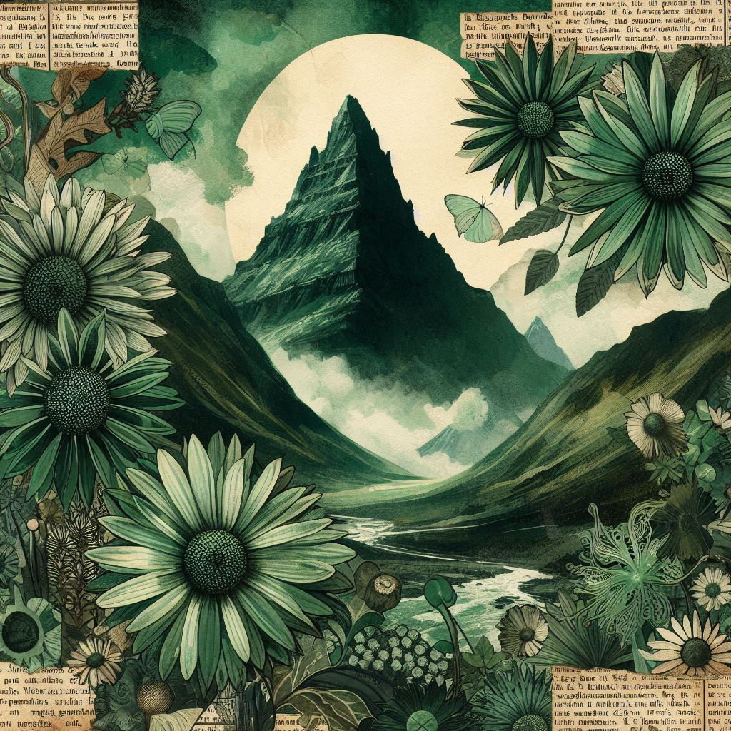 Deep Dark Green Mountain with Daisies