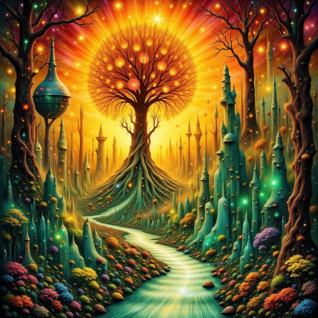 <lora:Bliss Fire:1.0> By Chagall BLISS FIRE FUTURISTIC STRANGEST ARCHITECTURAL FORMS CITY LIGHTNING LIGHT CUBIC LIGHT RAYS SENSATIONAL EXQUI...