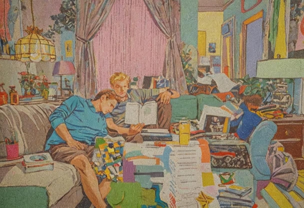 A handsome blonde man reading a book on a couch next to a sl...