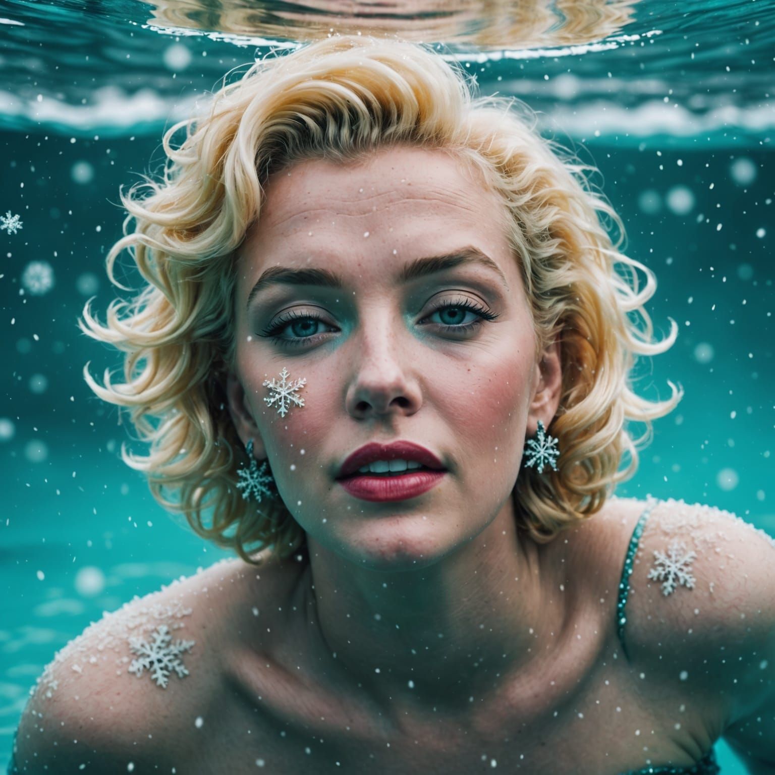 Creation, hyper-realistic of Marilyn Monroe close up trapped under a turquoise coloured lake, macro snowflakes abound in stunning detail 