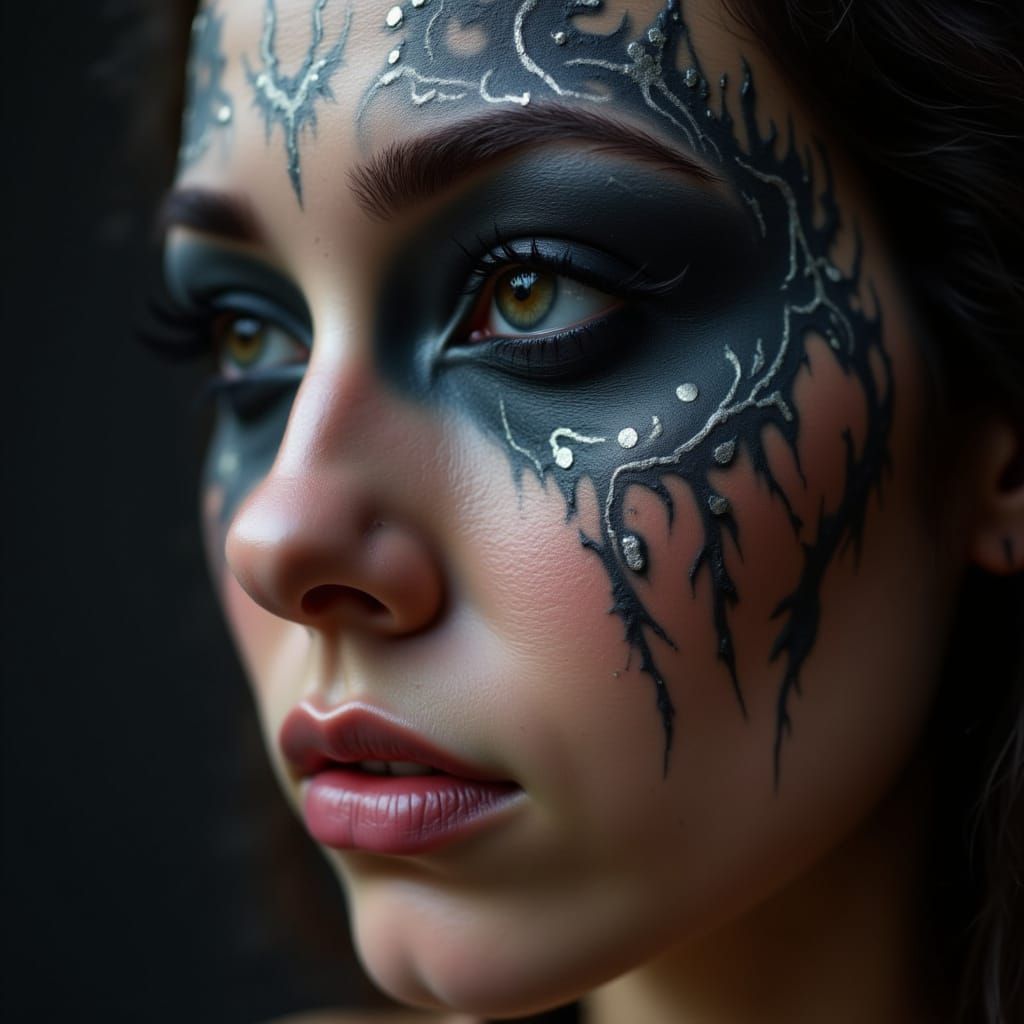 <lora:FaceWorx:1.0> editorial pigment makeup, mythic glyph facepaint, high-contrast full-face makeup, cinematic lighting, in the style of fa...