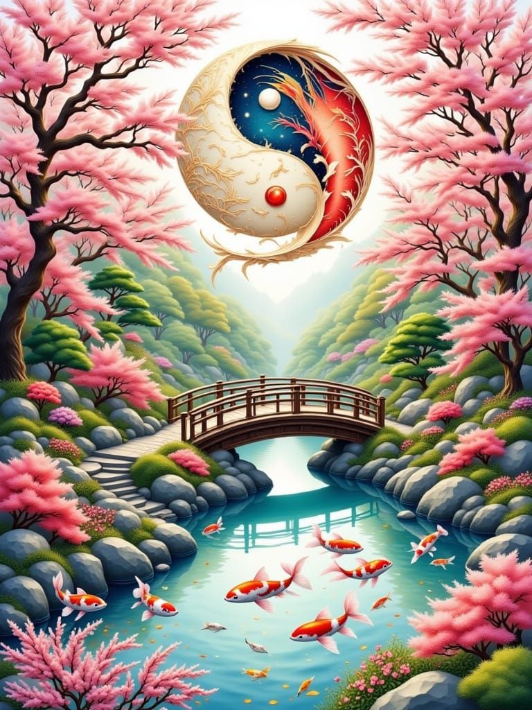 Japanese Garden Yin Yang in Watercolour Style