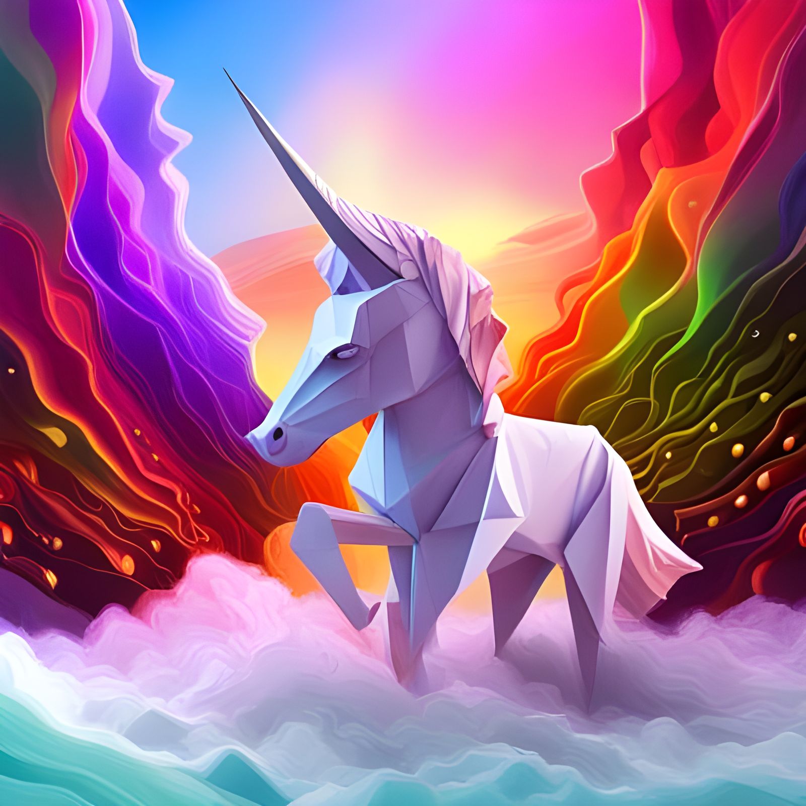 an origami unicorn head, beautiful background, rainbow.  dio...