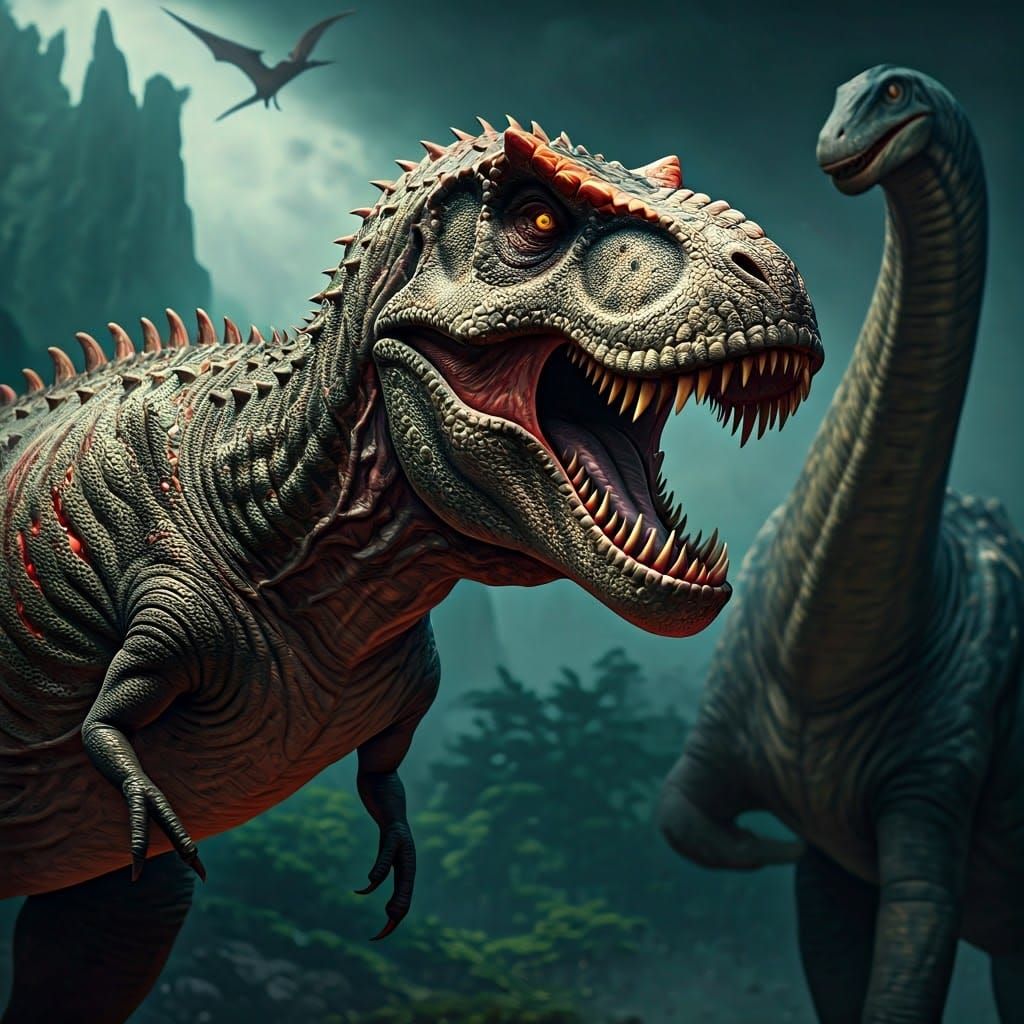A colossal tyrannosaurus rex with two rows of jagged teeth o...