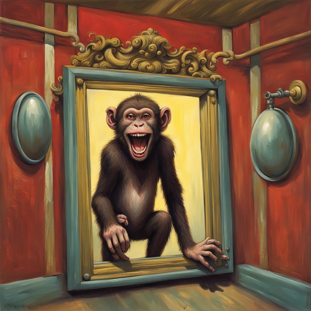 Monkey laughing in a fun house mirror 