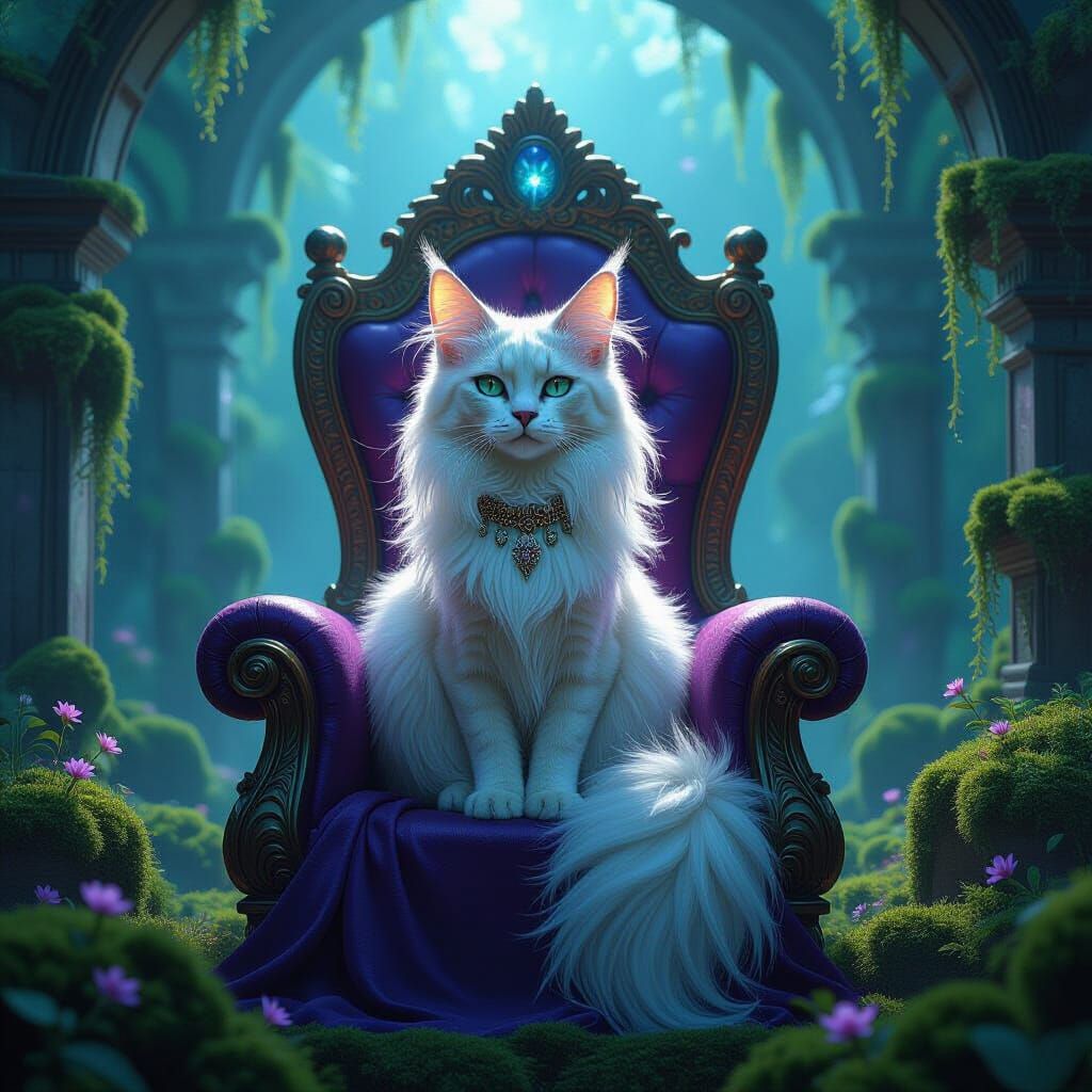 A majestic sphinx cat with fur made of swirling galaxies sits regally on a throne of amethyst in a hidden grotto. The grotto walls are cover...