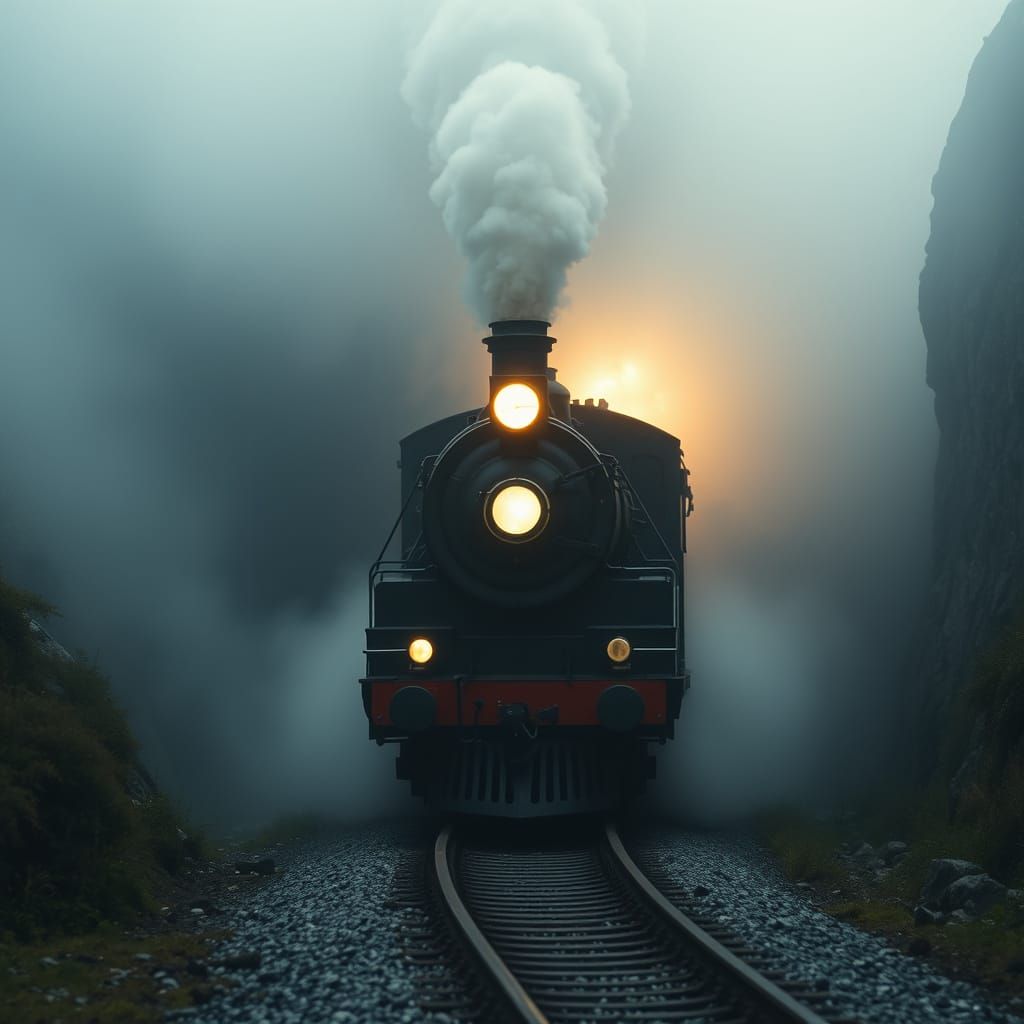 Steam Locomotive in Alpine Tunnel: Vintage Cinematic Style
