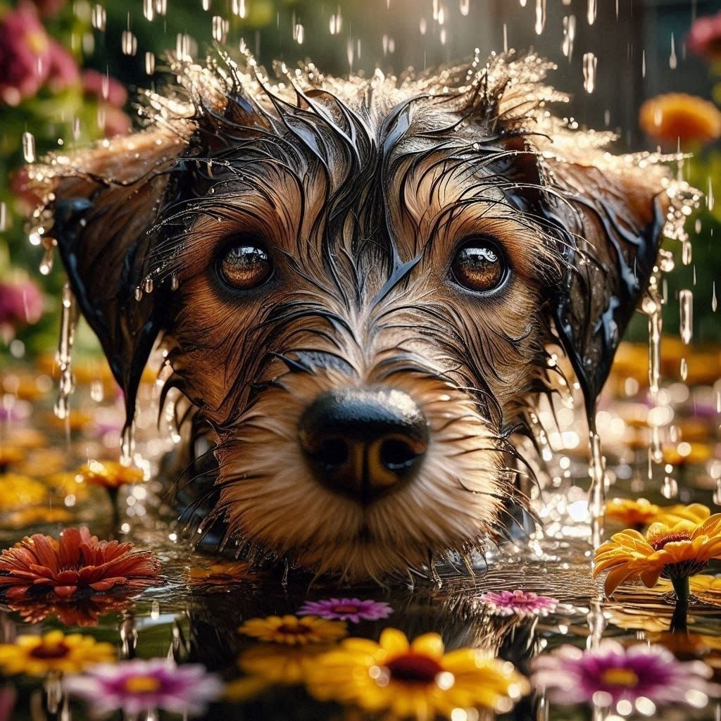 Extremely detailed cinematic film still photography of centered close up portrait of a puppy splashing in a puddle in the garden, flowers: s...