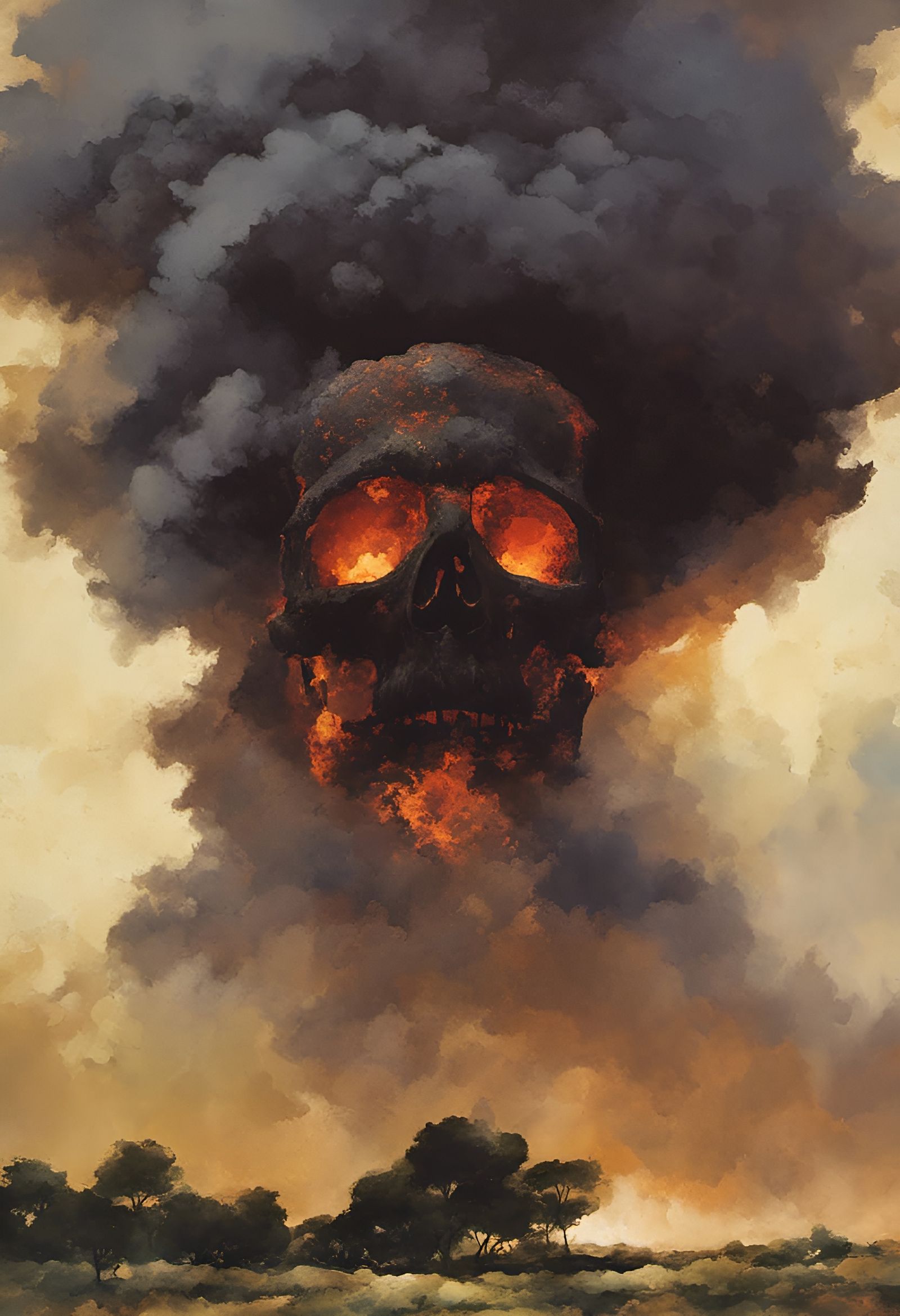 Volcanic Skull Emerges, Textured Impasto Gouache Painting