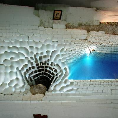 A white tiled underground pool overflowing with water coming...
